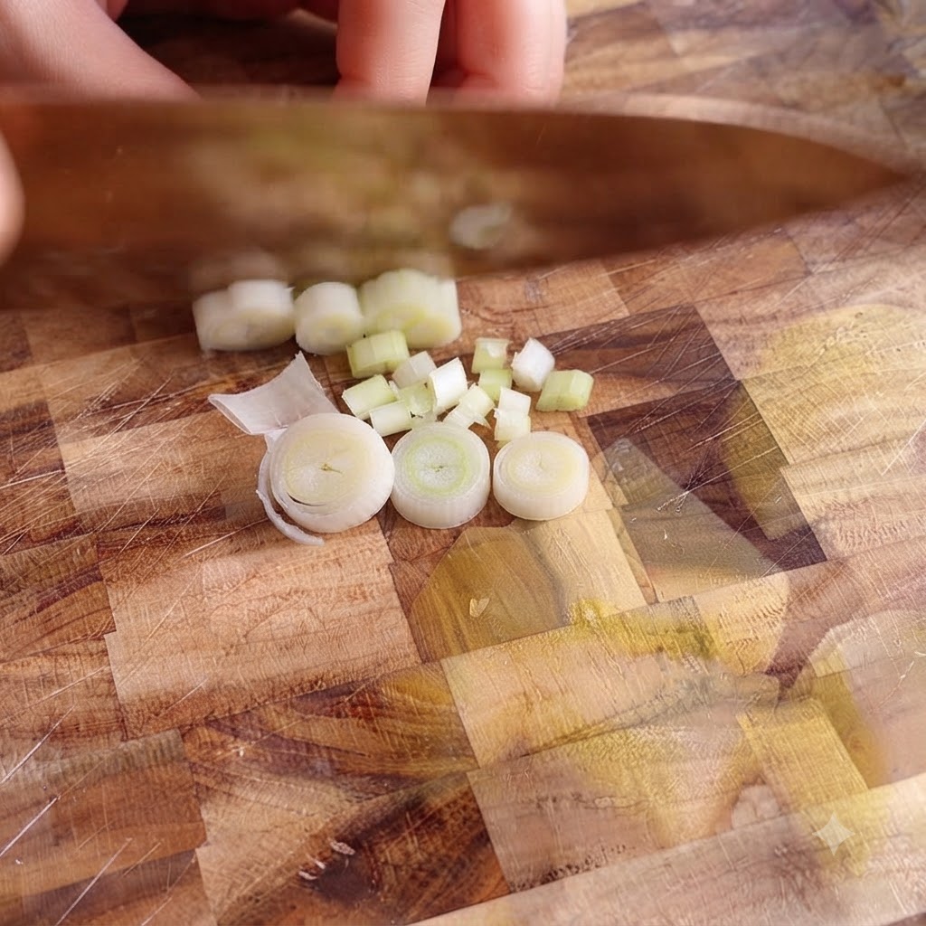 Un couteau de chef coupant des pommes de terre épluchées sur une planche à découper en bois en cubes de taille idéale.