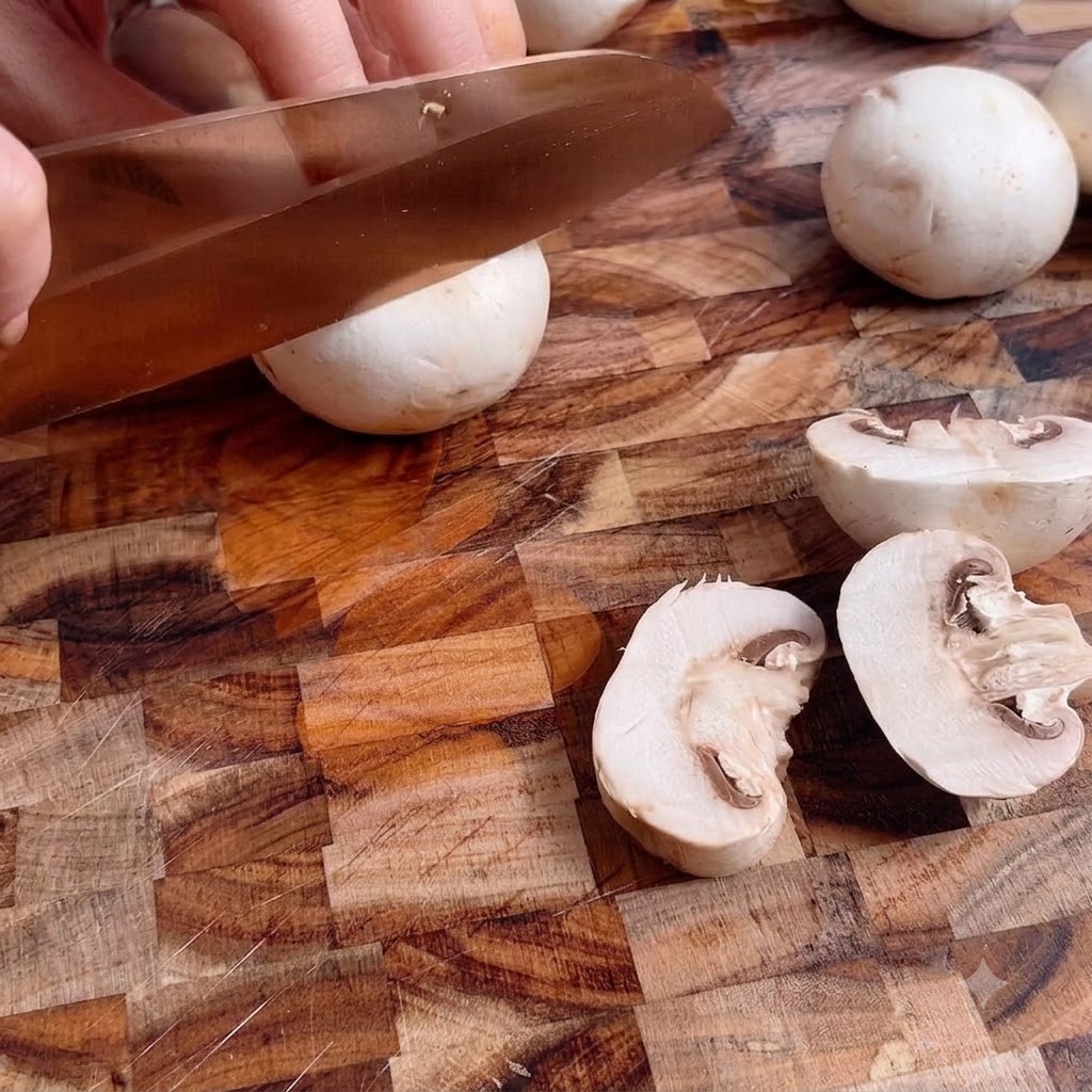 Des champignons de Paris frais et tranchés posés sur une planche à découper en bois.