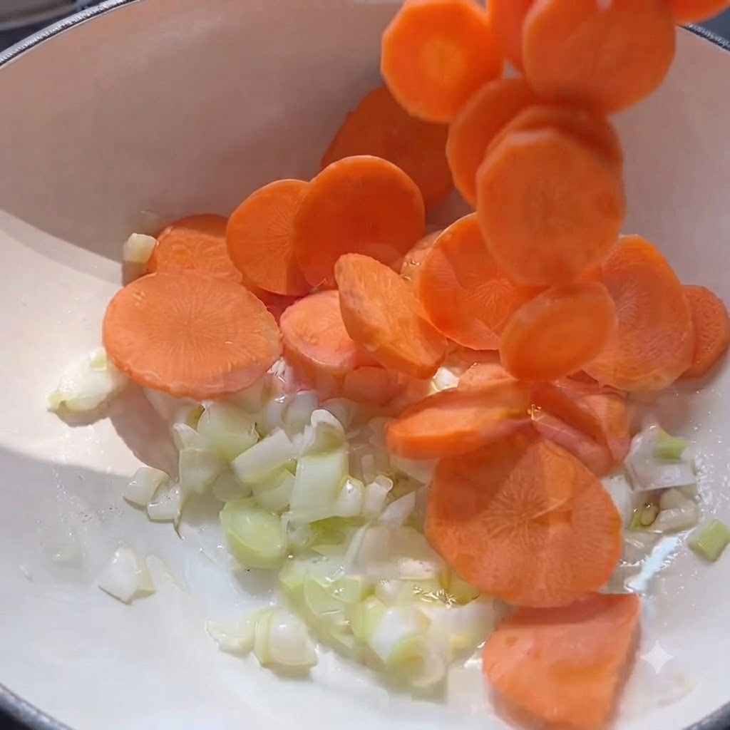 Des rondelles de carotte orange vif tombant dans une cocotte contenant des poireaux sués et de lhuile chaude.