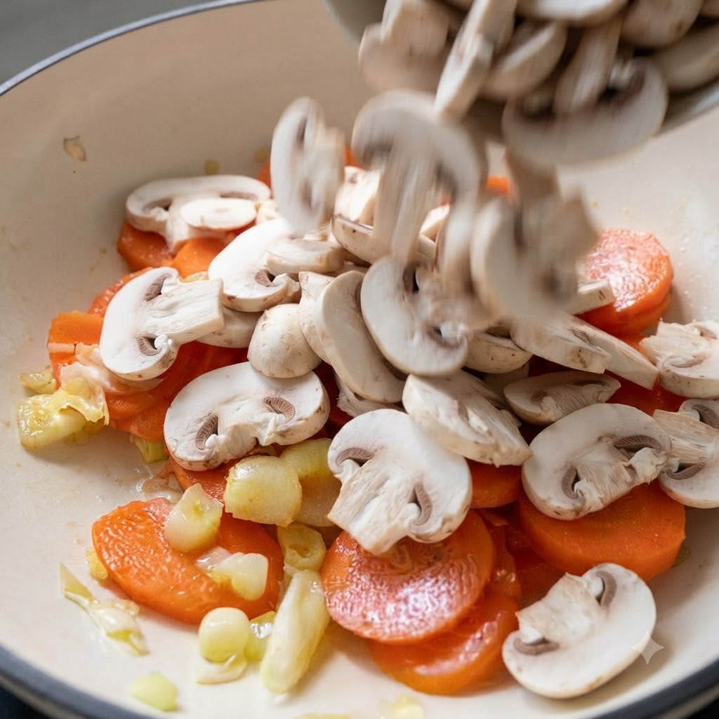 Des tranches de champignons de Paris versées dun bol dans une marmite remplie de carottes tranchées et daromates.