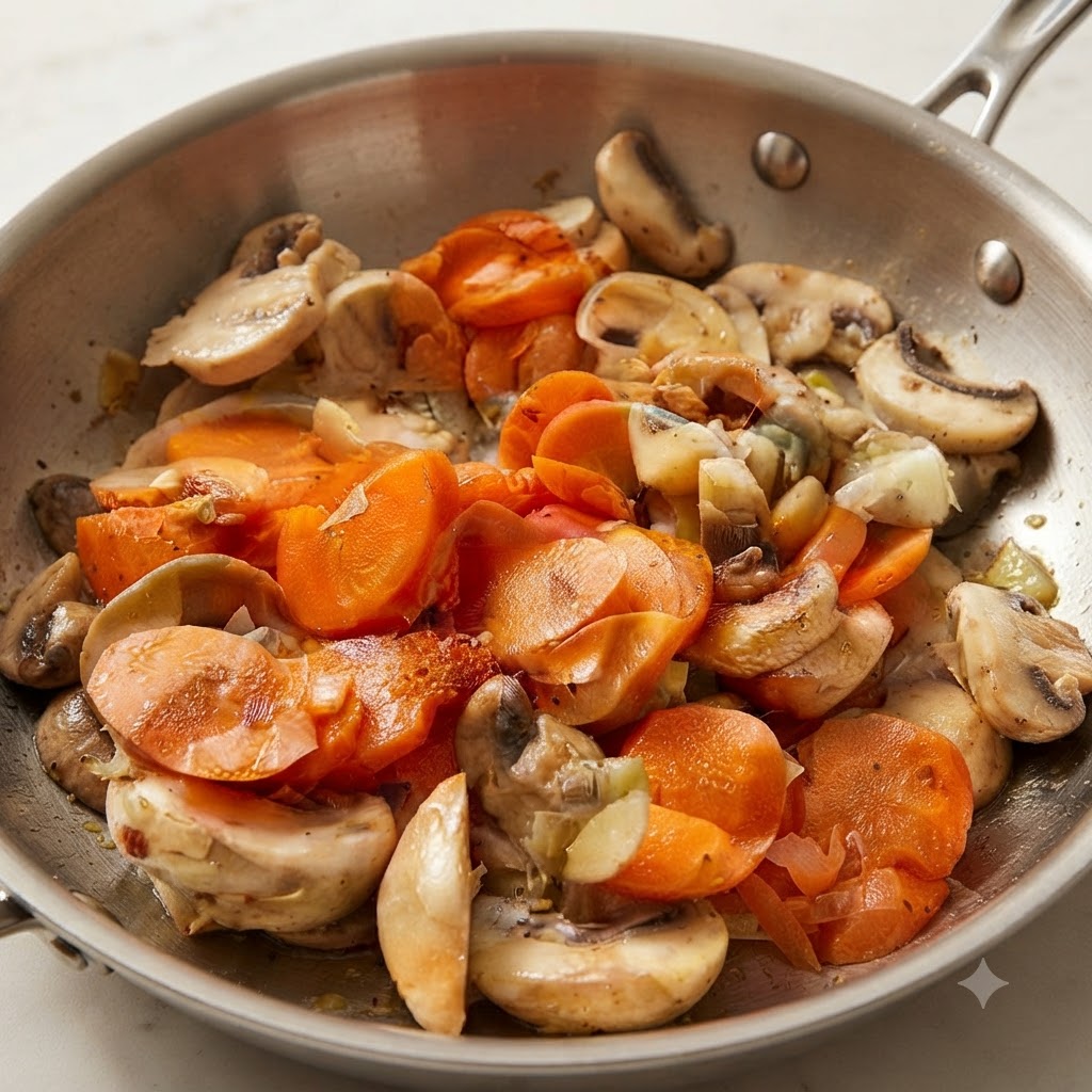 Des pommes de terre et des carottes mélangées ensemble au cœur dune poêle de cuisson.