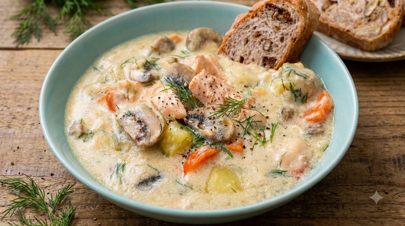 Un bol de chowder crémeux au saumon rempli de morceaux de saumon tendres, de pommes de terre dorées, de carottes tranchées, de champignons et daneth frais.