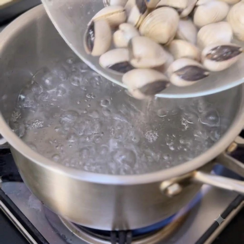 Des palourdes ajoutées dans de leau bouillante dans une casserole en métal.
