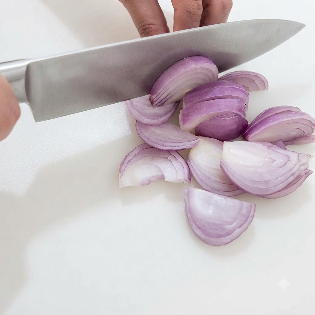 Mains utilisant un couteau de chef pour trancher et émincer habilement un oignon rouge coupé en deux en petits morceaux sur une planche à découper blanche et propre.