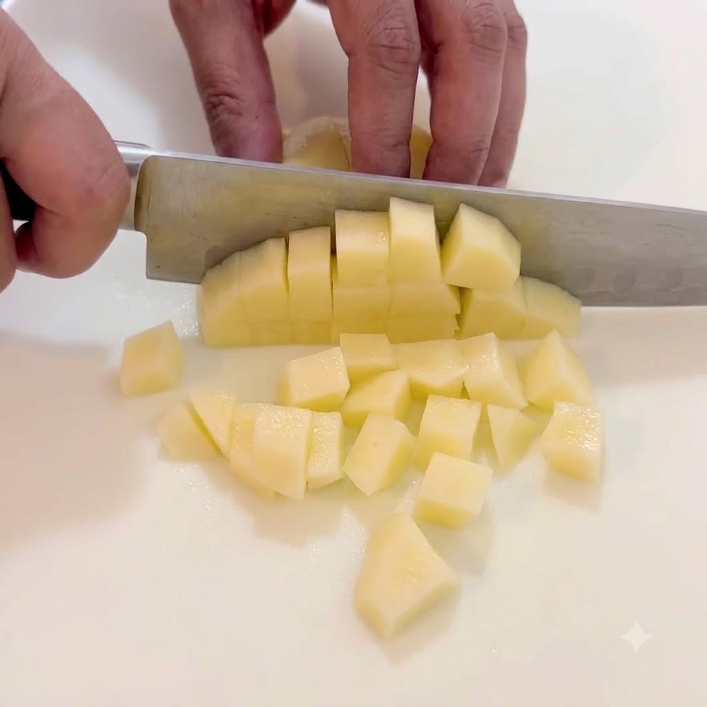 Un chef coupant une pomme de terre épluchée en petits cubes uniformes sur une planche à découper blanche.