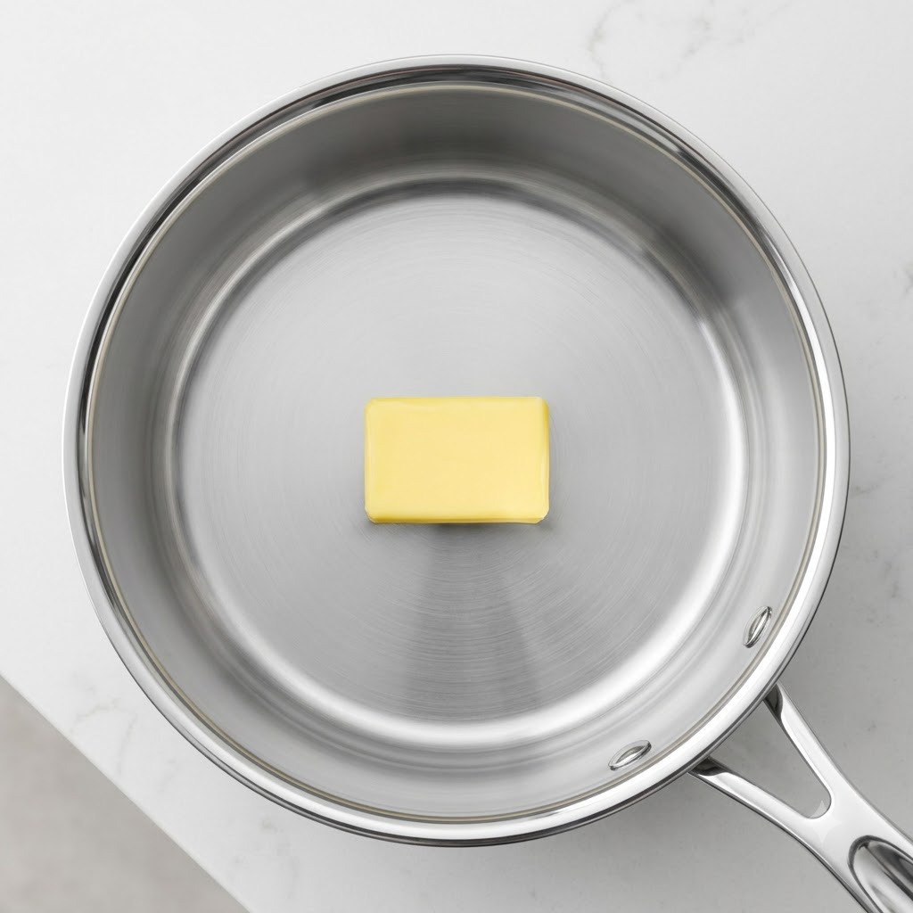 Un seul bloc rectangulaire de beurre en train de fondre à lintérieur dune casserole en acier inoxydable.