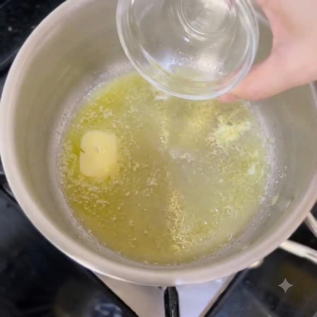 Un petit bol de farine versé dans du beurre fondu dans une casserole sur le feu.