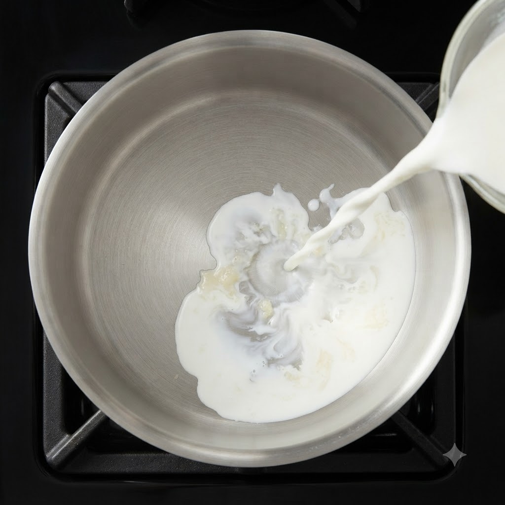 Du lait et de la crème entière versés dun verre mesureur dans une casserole.