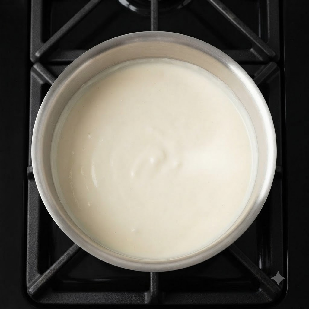 Vue plongeante dune casserole remplie dun mélange de crème blanche épaisse et lisse.