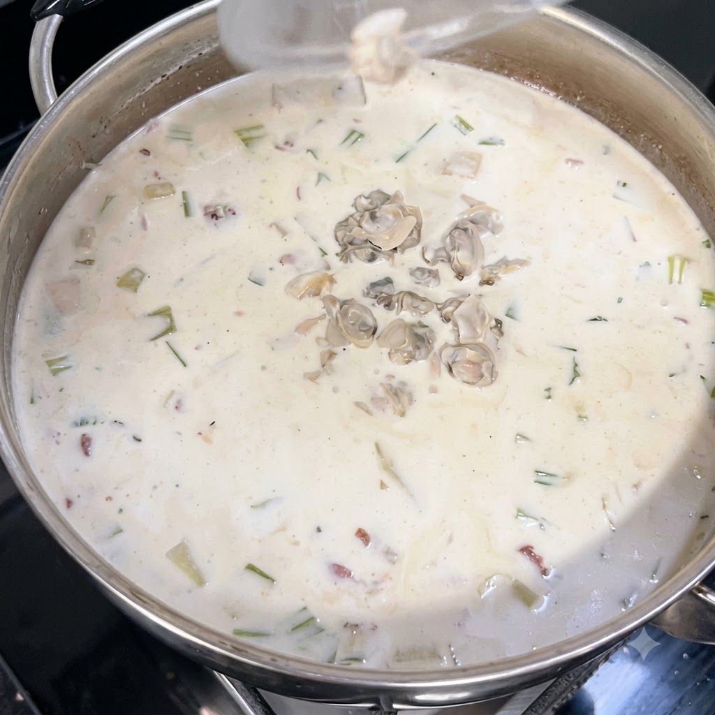 Morceaux de chair de palourde hachée jetés dans une grande casserole remplie de soupe blanche et crémeuse.