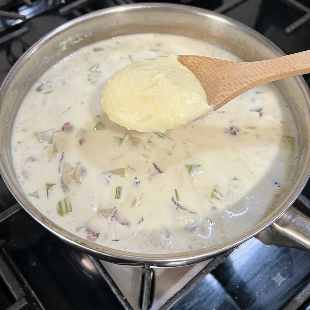 Une cuillère en bois tenant une cuillerée de roux jaune épais au-dessus dune casserole de soupe crémeuse.
