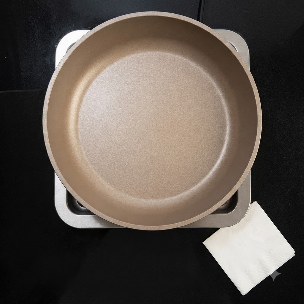 Une poêle propre reposant sur une cuisinière à côté dune serviette en papier blanche pliée.