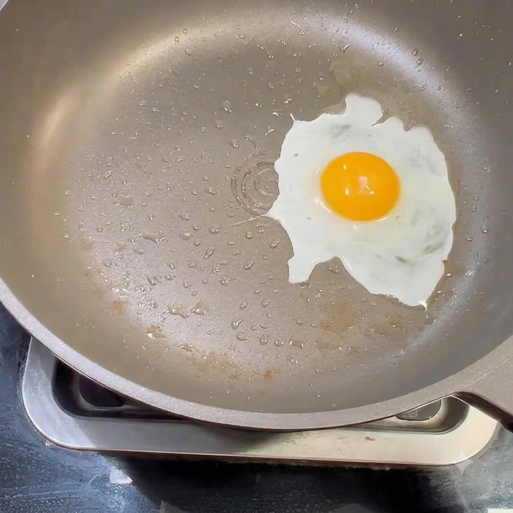 Un seul œuf cassé frit dans une poêle antiadhésive avec de petites gouttelettes dhuile autour.