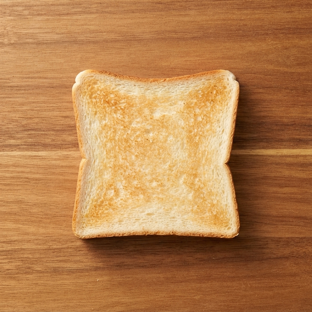 Une seule tranche carrée de pain de mie doré reposant au centre sur une surface en bois.