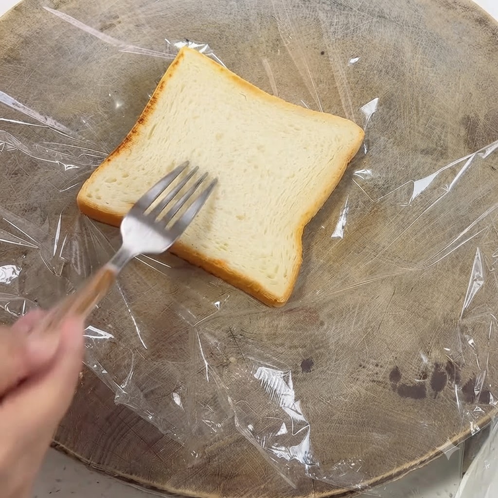 Une main utilisant une fourchette en métal pour étaler la sauce sur un morceau de pain toasté placé sur une feuille de film plastique.