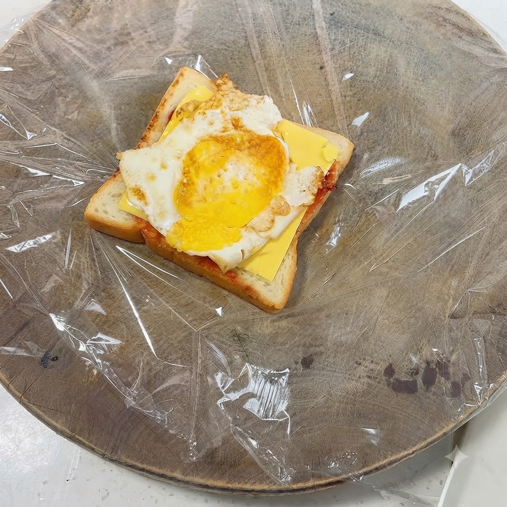 Un œuf frit placé sur une tranche de fromage jaune reposant sur du pain toasté.