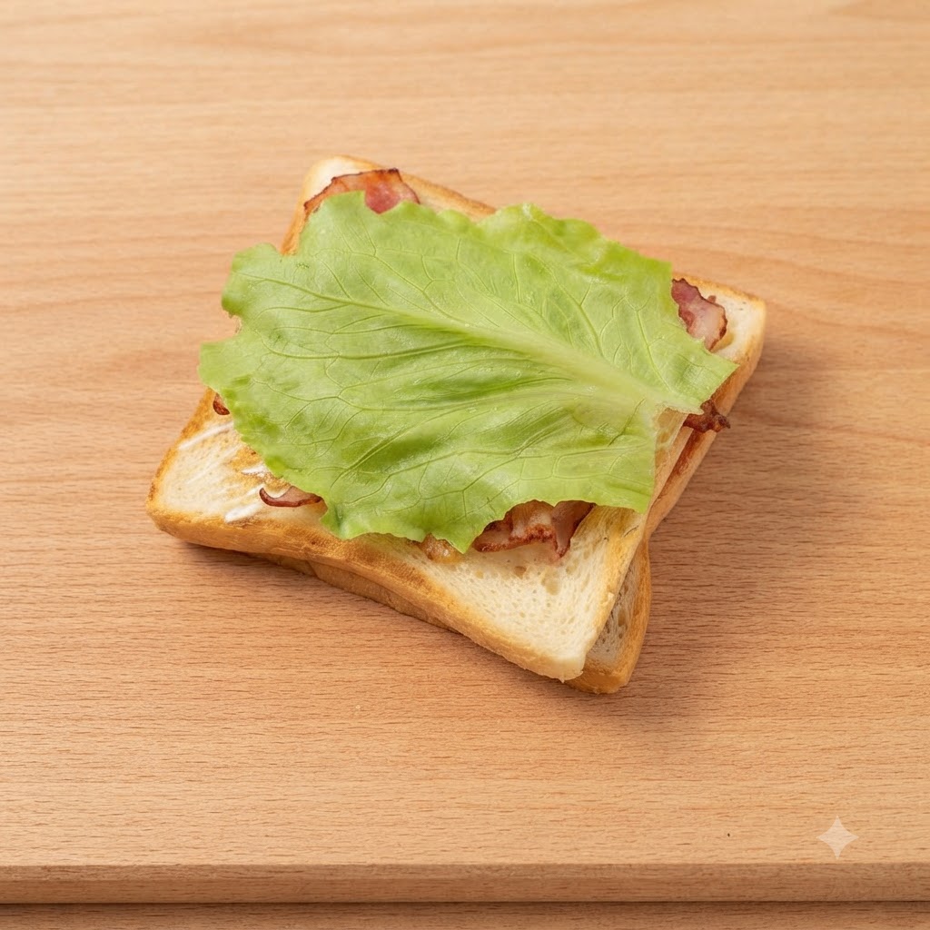 Une feuille de laitue verte fraîche disposée sur le dessus du bacon.
