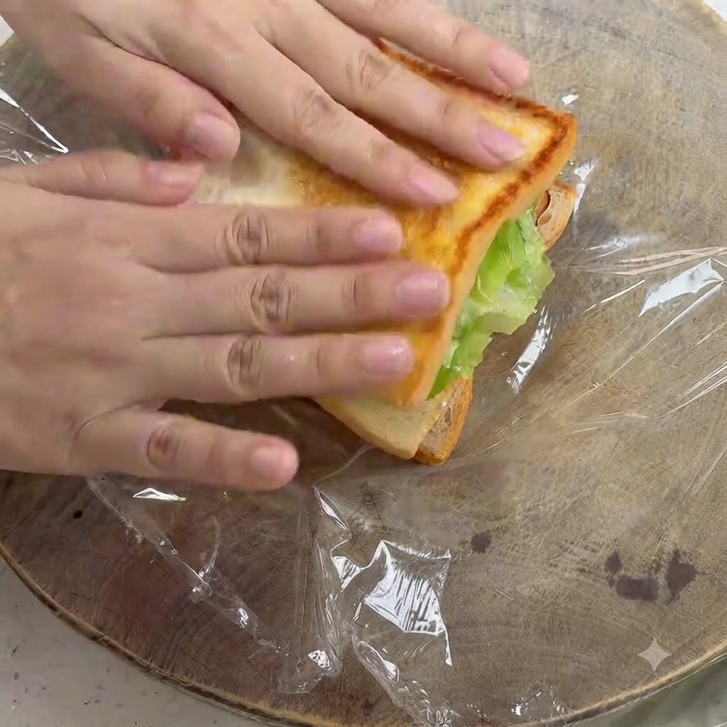 Des mains appuyant doucement sur la tranche supérieure de pain toasté pour compléter le sandwich.