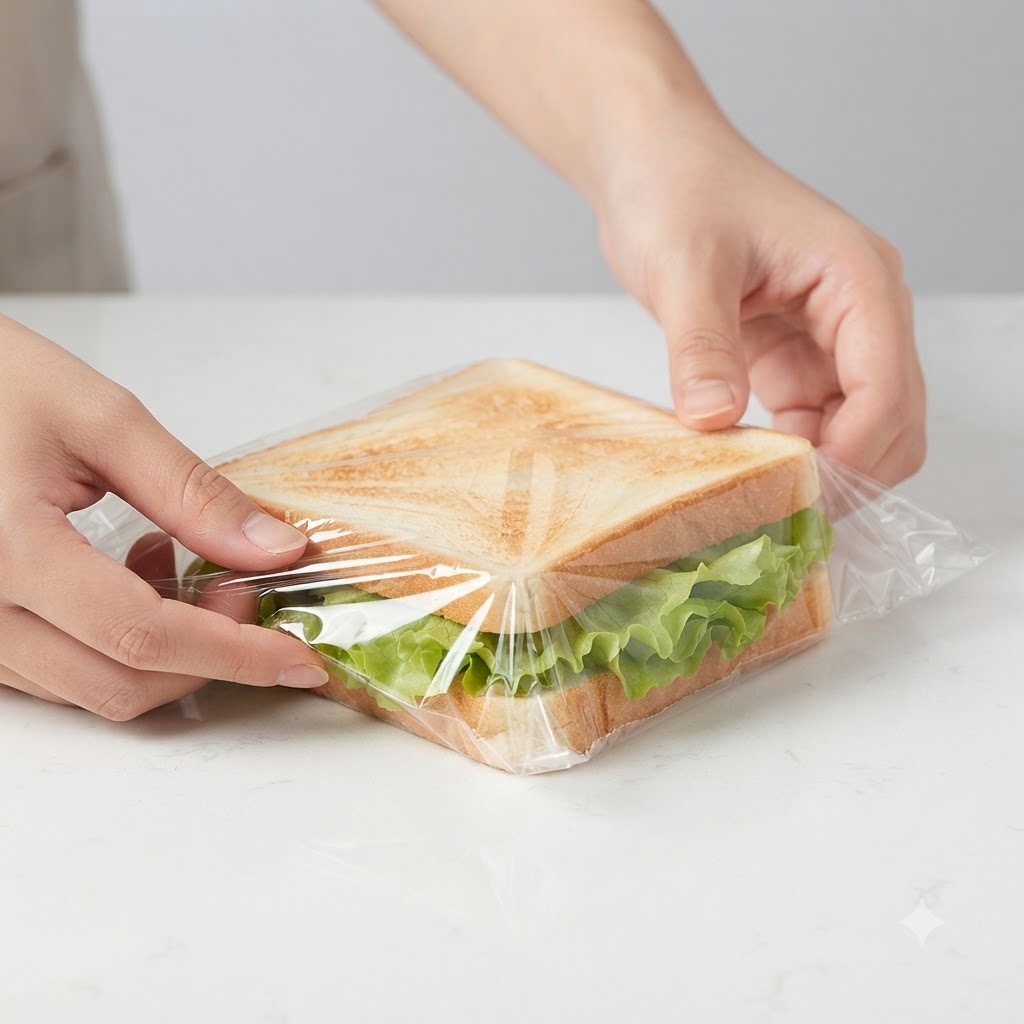 Des mains pliant le film plastique fermement autour du sandwich assemblé sur une surface blanche.