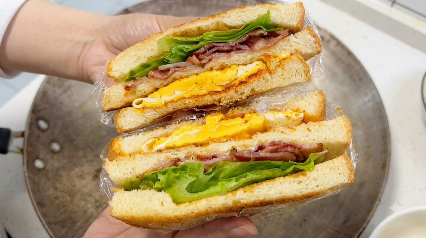 Sandwich Classique Triple Couche au Bacon, Œuf et Fromage