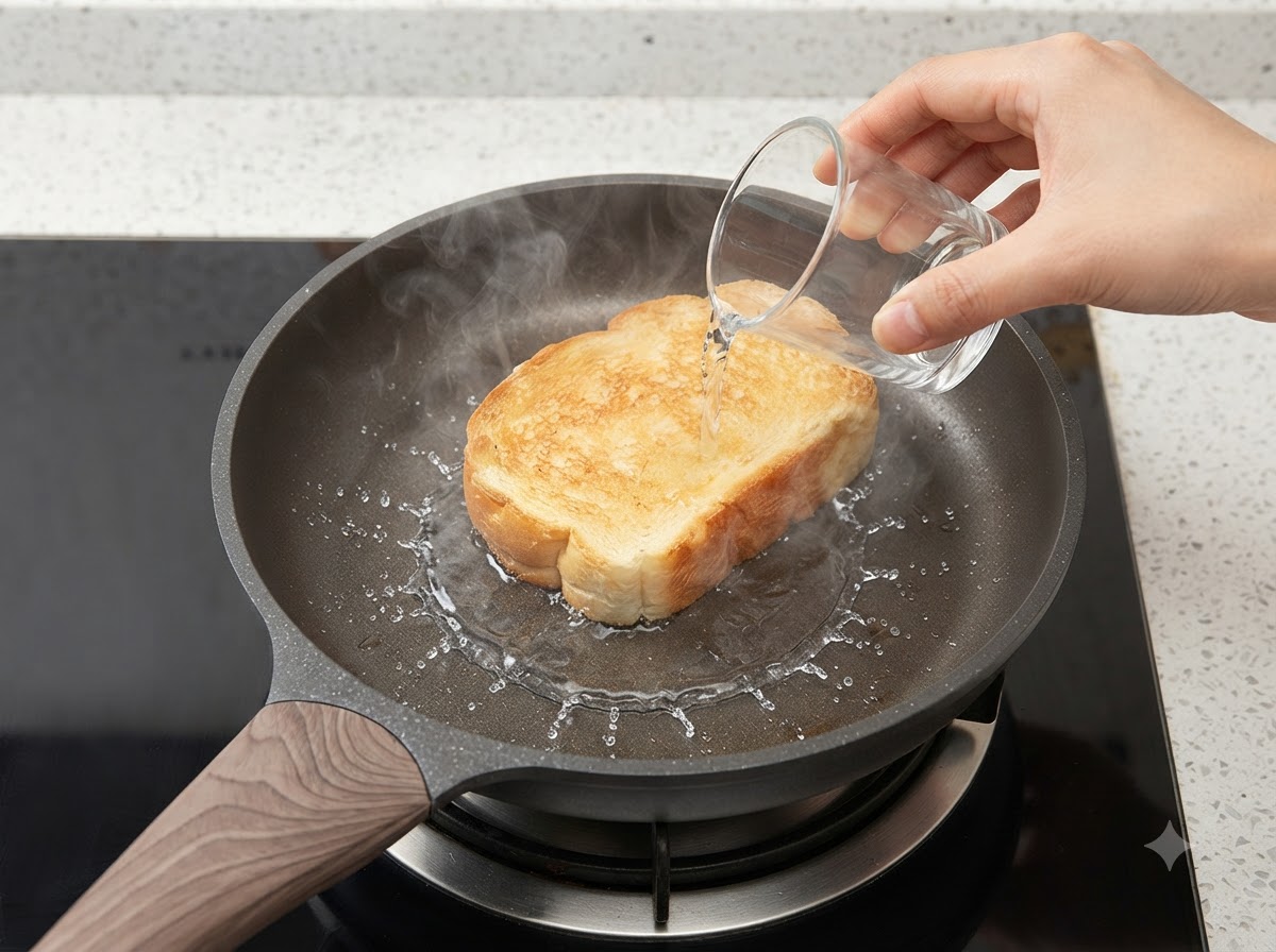 De leau versée dun petit récipient en verre dans une poêle à frire à côté dun morceau de pain toasté, créant de la vapeur.