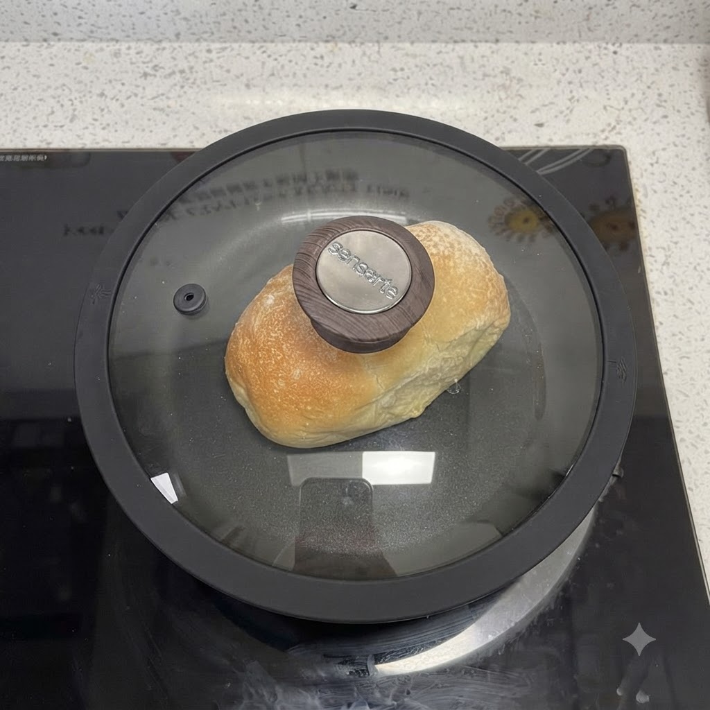 Un couvercle en verre recouvrant une poêle à frire sur un brûleur de cuisinière avec un arrière-plan flou.