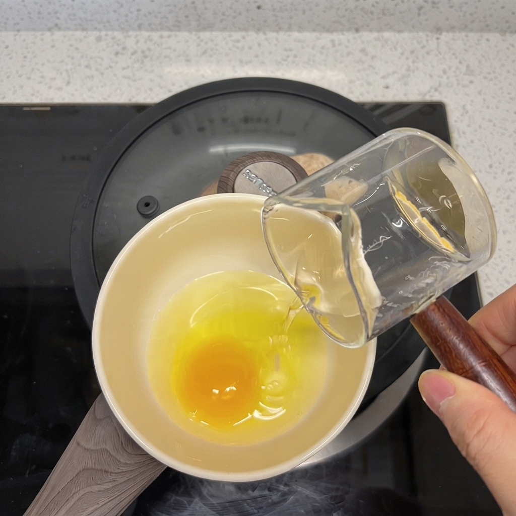 Du liquide versé dune petite pichet en verre dans un bol en céramique contenant un œuf cru cassé avec un jaune dœuf brillant.