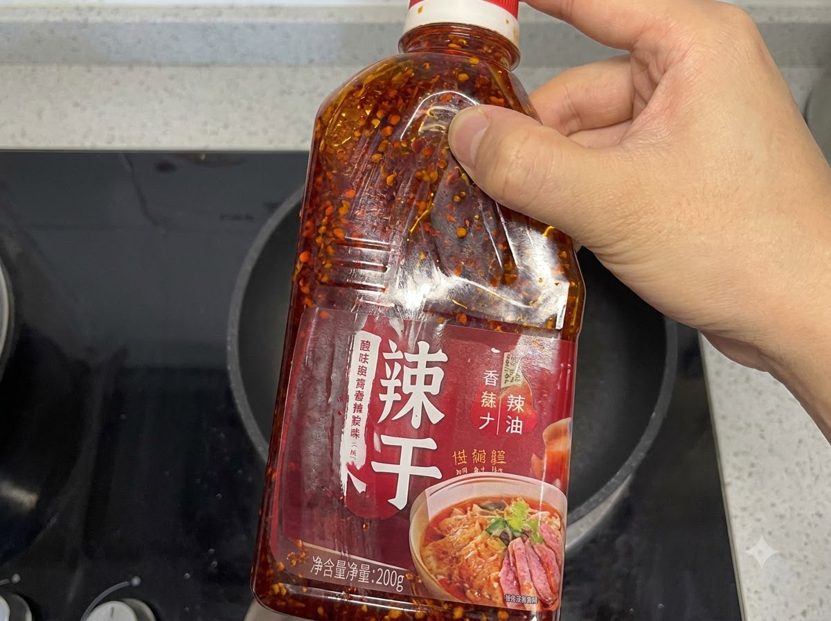 Une bouteille en plastique dhuile pimentée du commerce avec des caractères chinois sur létiquette tenue au-dessus dune poêle à frire.