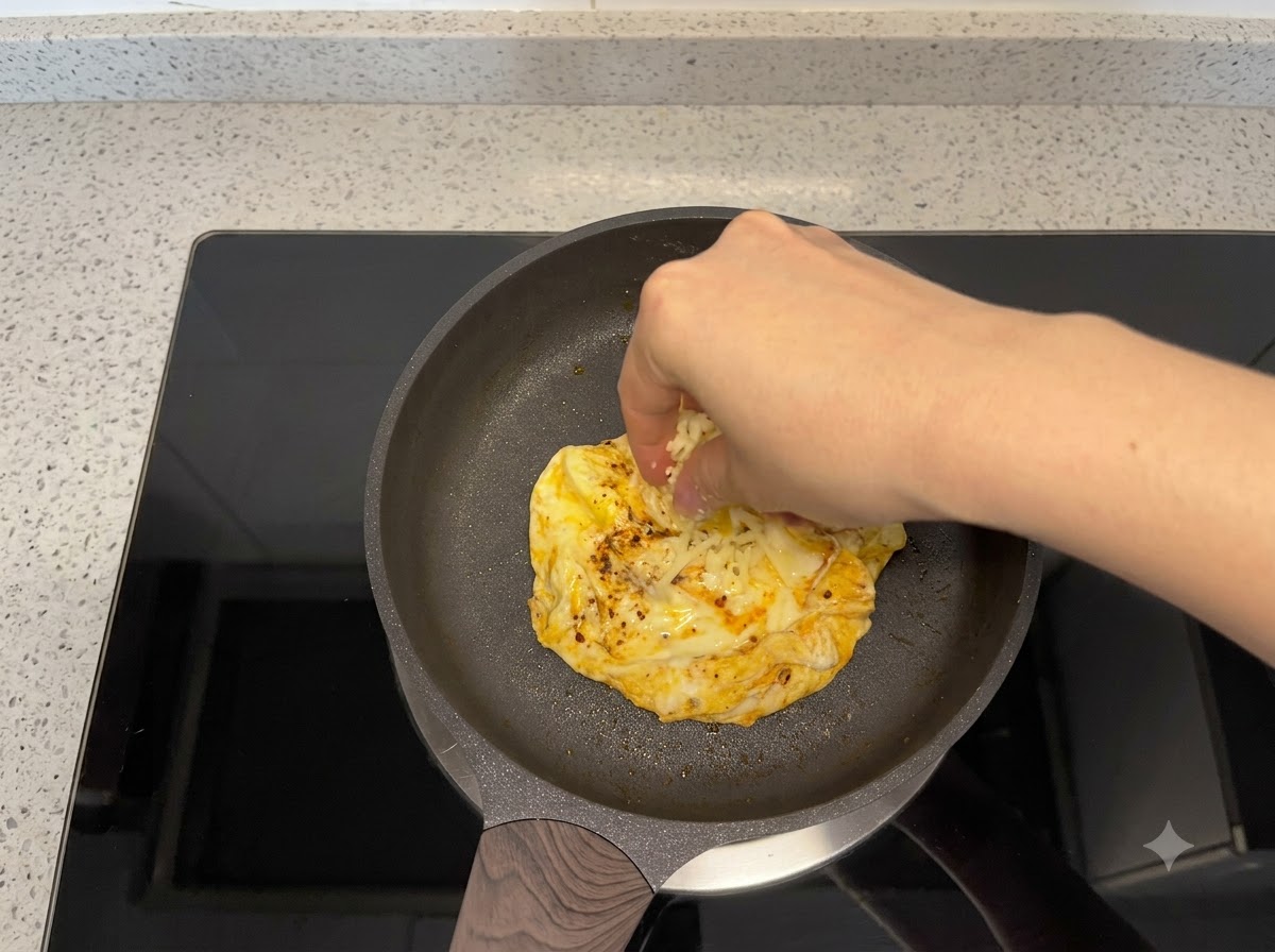 Du fromage râpé saupoudré sur un œuf cuit dans une poêle.