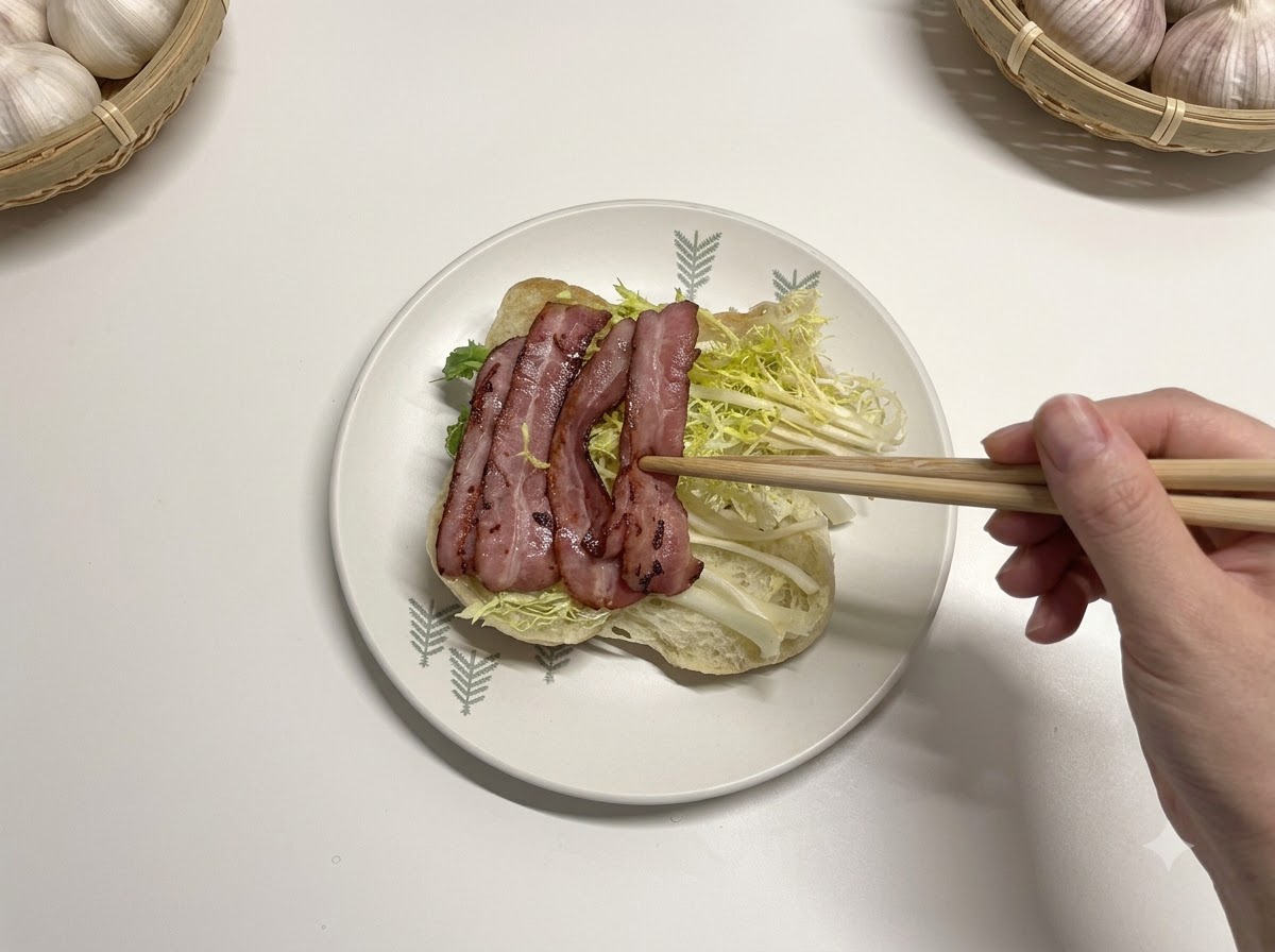Bacon cuit et garnitures disposés à lintérieur dun sandwich ciabatta.