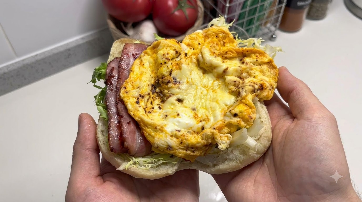 Sandwich Ciabatta au Bacon, Fromage et Œuf avec Café Glacé