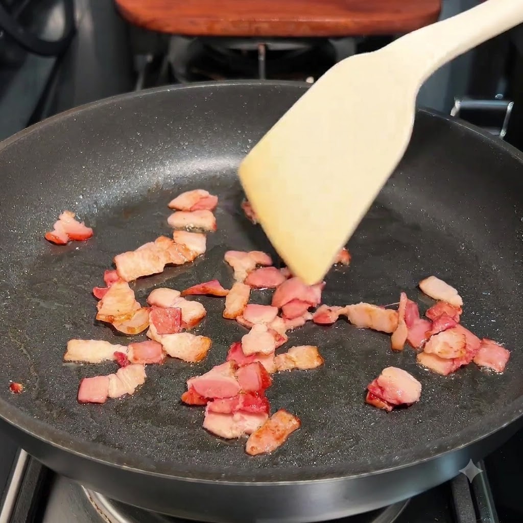 Petits morceaux de bacon en train dêtre sautés dans une poêle sombre avec une spatule en bois.