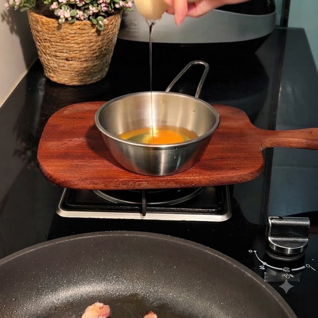 Un œuf cassé dans un récipient au-dessus dune poêle contenant du bacon et du chou.