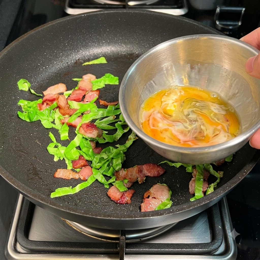 Un bol dœufs battus et de lait versé dans une poêle contenant du bacon et du chou.