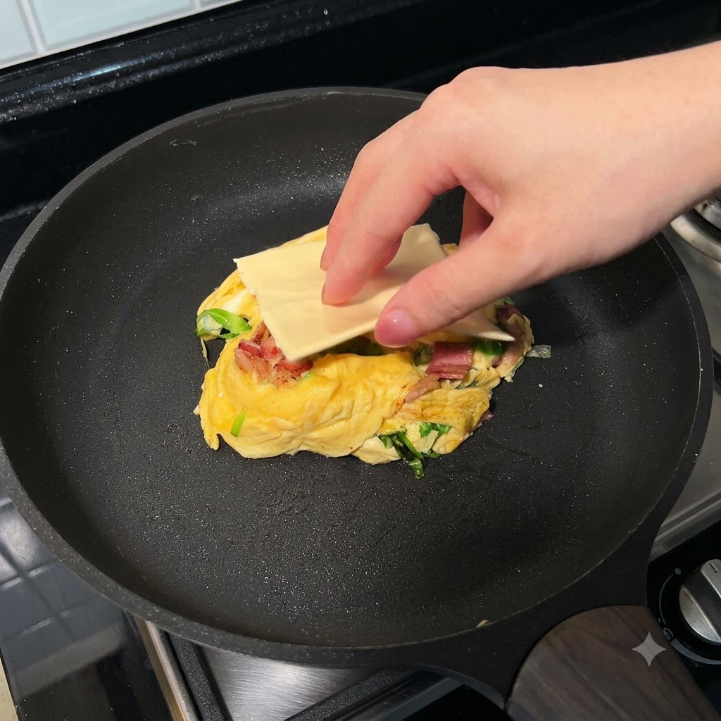 Une tranche carrée de fromage placée sur le dessus dune omelette pliée dans une poêle.