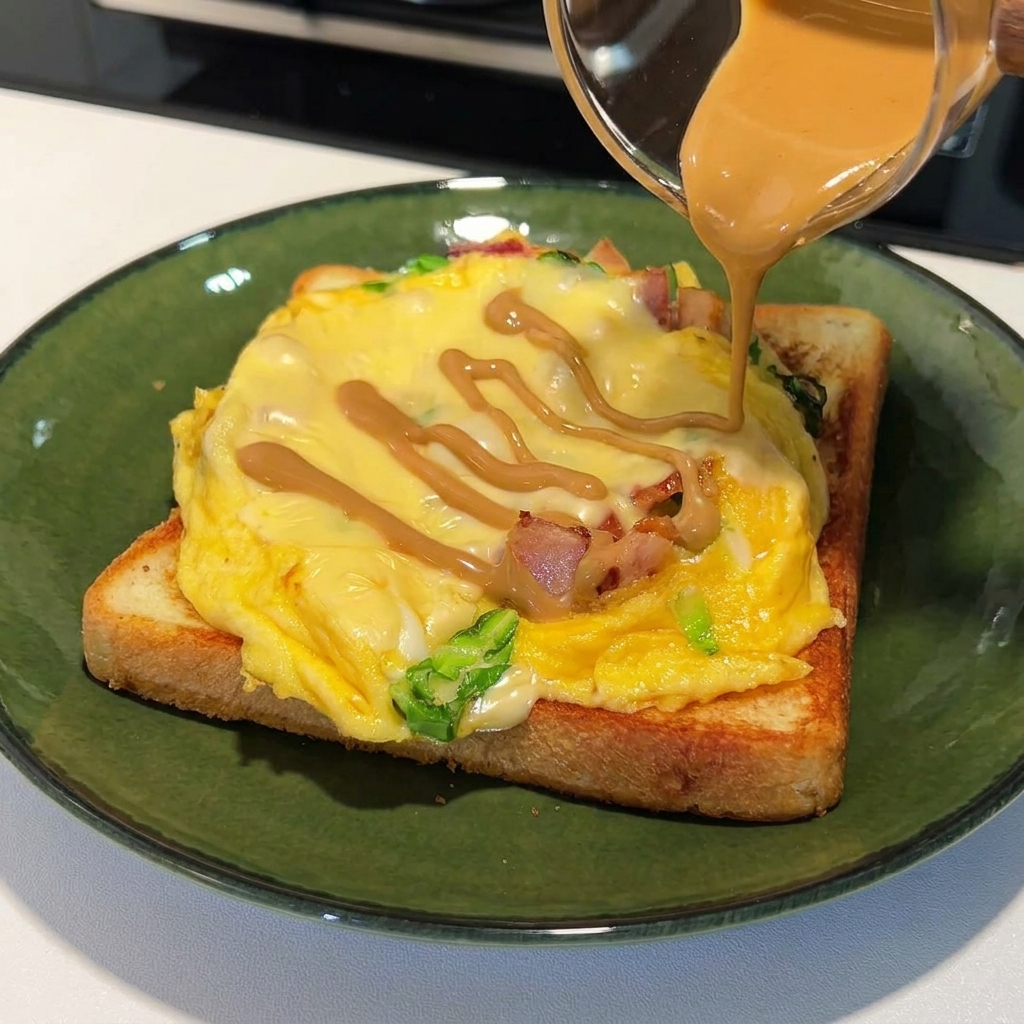 De la sauce cacahuète versée en zigzag sur un toast aux œufs et au fromage disposé sur une assiette verte.