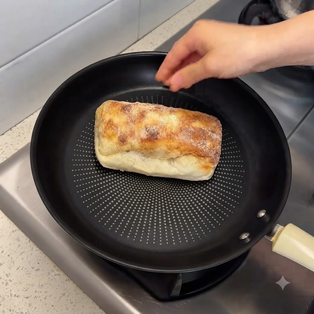 Pain ciabatta reposant dans une poêle antiadhésive noire avec une main ajustant le couvercle.