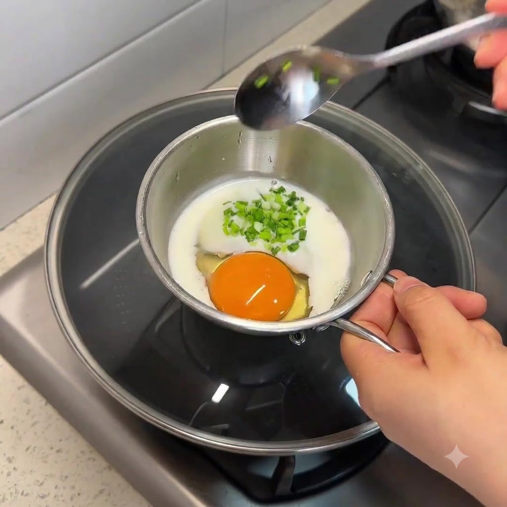 Un œuf, du lait et des oignons verts hachés dans un petit pot en métal en train dêtre fouettés avec une cuillère.