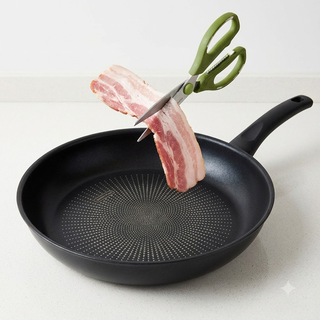 Ciseaux de cuisine verts coupant des lanières de bacon cru directement au-dessus dune poêle noire vide.