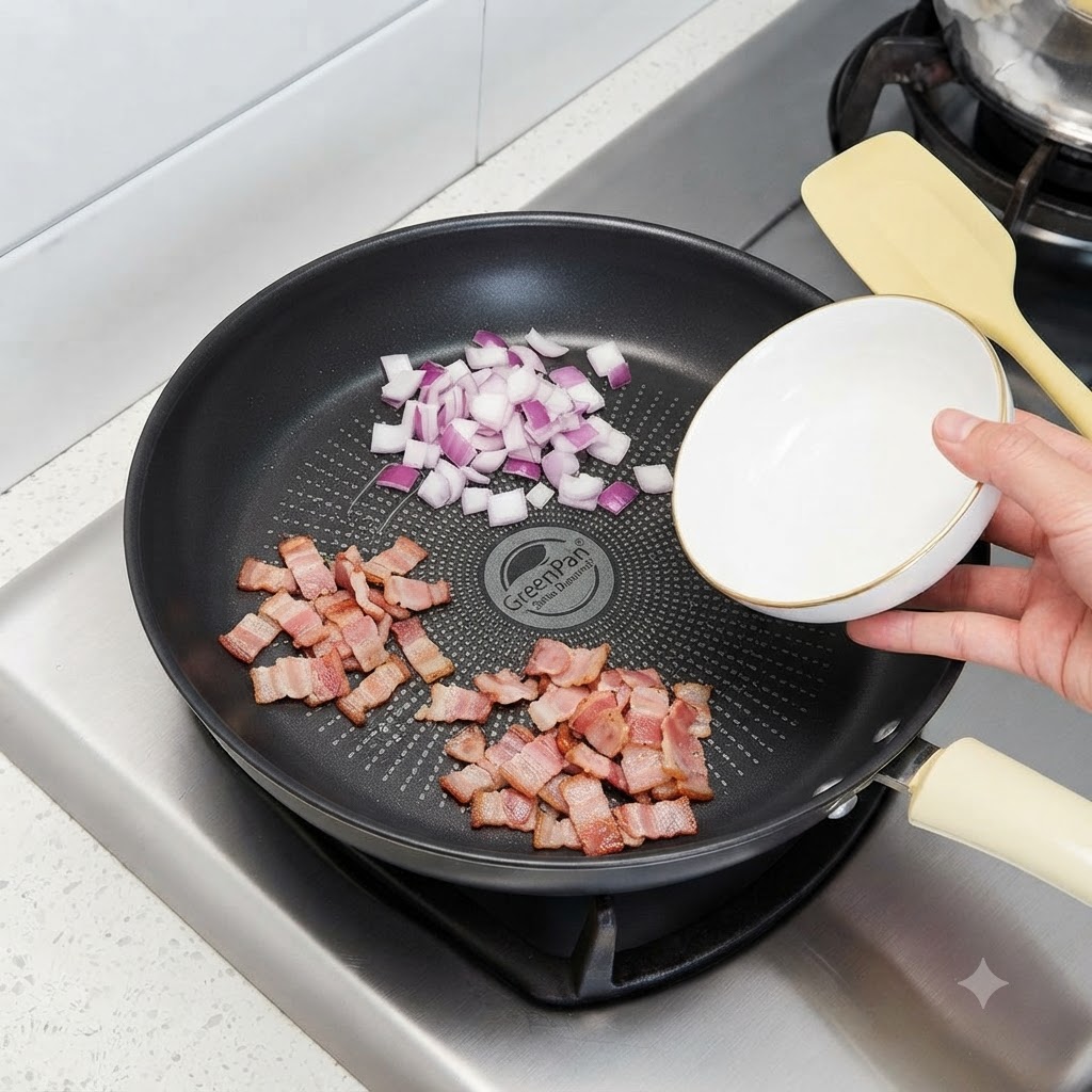 Une poêle contenant des morceaux de bacon cuit et un tas doignons rouges hachés à côté dun petit bol blanc.