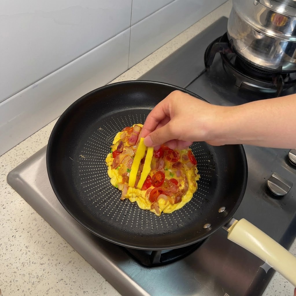 Une main plaçant des bandes de fromage jaune sur un brouillé dœufs cuit mélangé avec du bacon et des tomates dans une poêle.