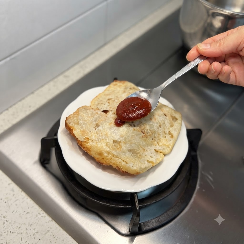 Une cuillère de sauce au bœuf rouge riche en train dêtre étalée sur un morceau de pain ciabatta toasté sur une petite assiette blanche.