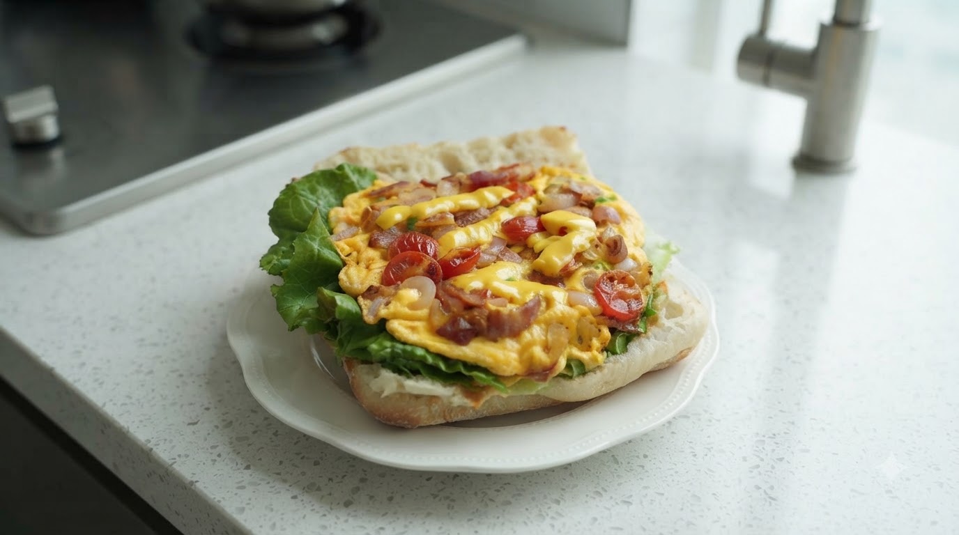 Sandwich de Ciabatta aux Œufs Brouillés, Tomates, Oignons et Bacon