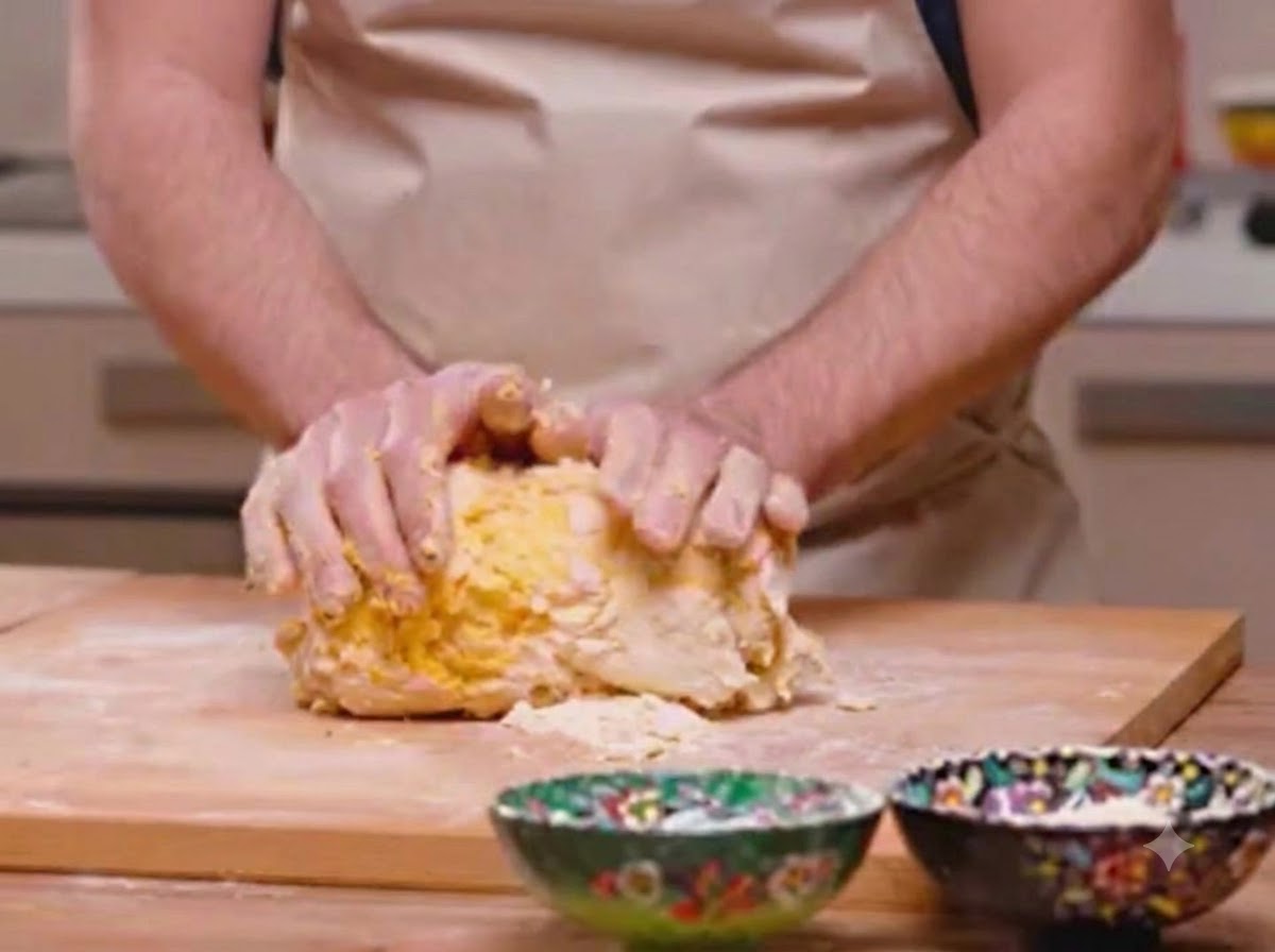 Mains en train de pétrir une pâte à pâtes jaune sur une planche en bois.