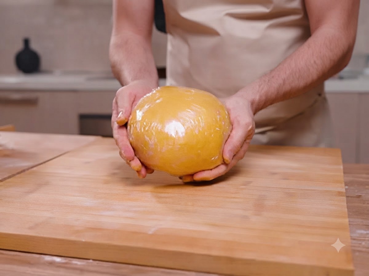 Boule de pâte à pâtes enveloppée dans du film étirable tenue dans les mains.