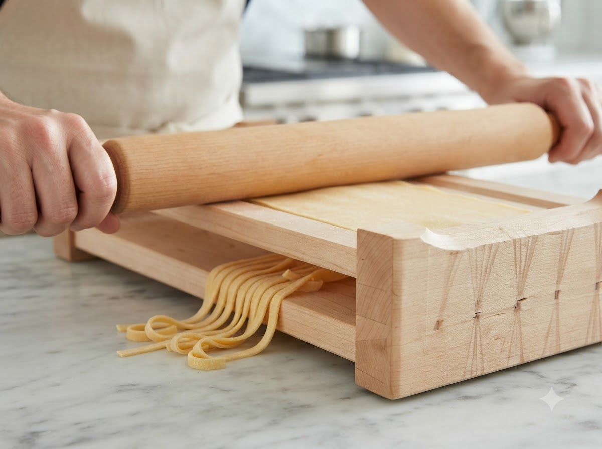 Rouleau à pâtisserie aplatissant des feuilles de pâtes jaunes sur une planche en bois.