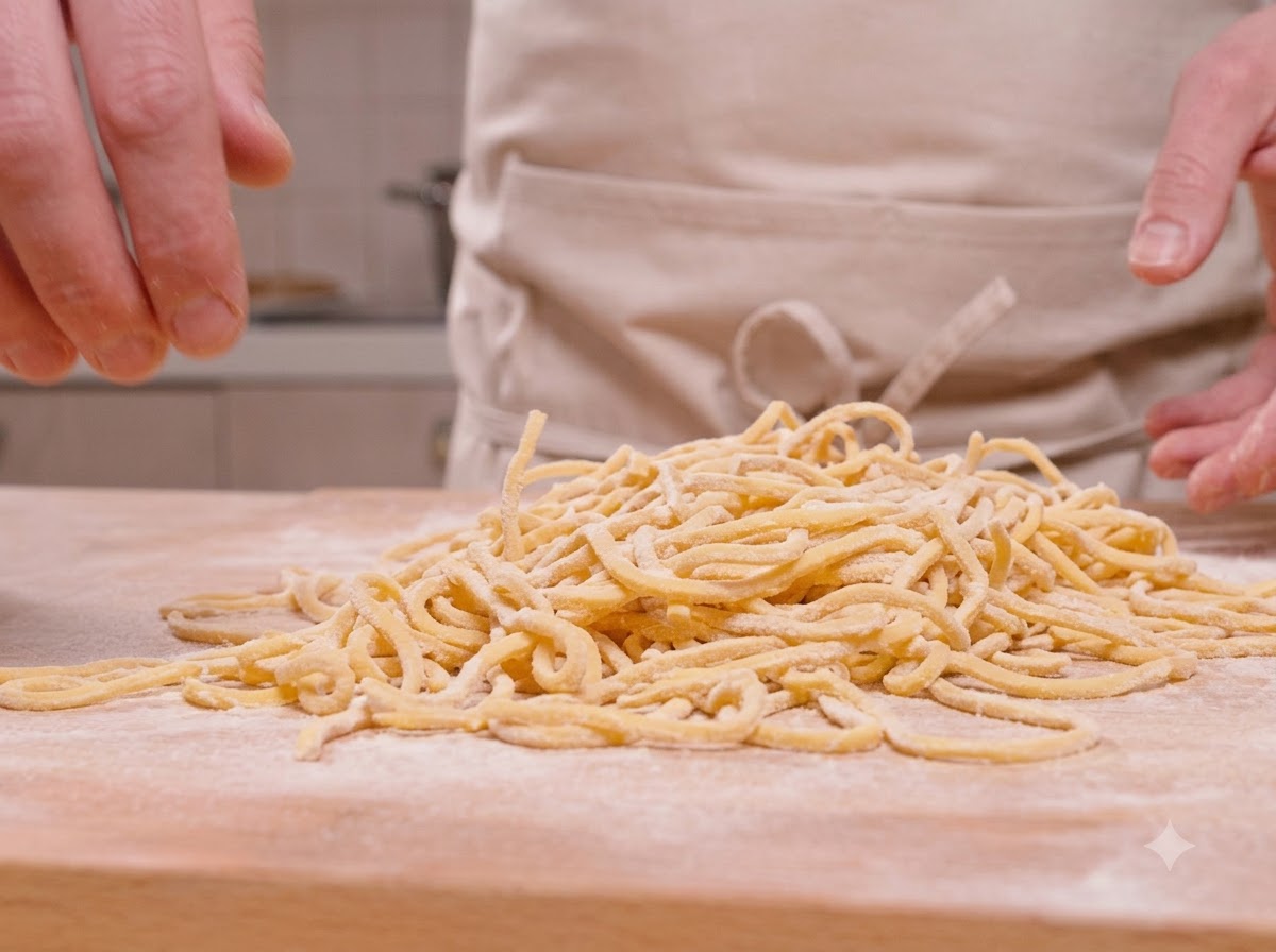 Brins de spaghetti jaunes fraîchement coupés empilés sur une surface en bois.