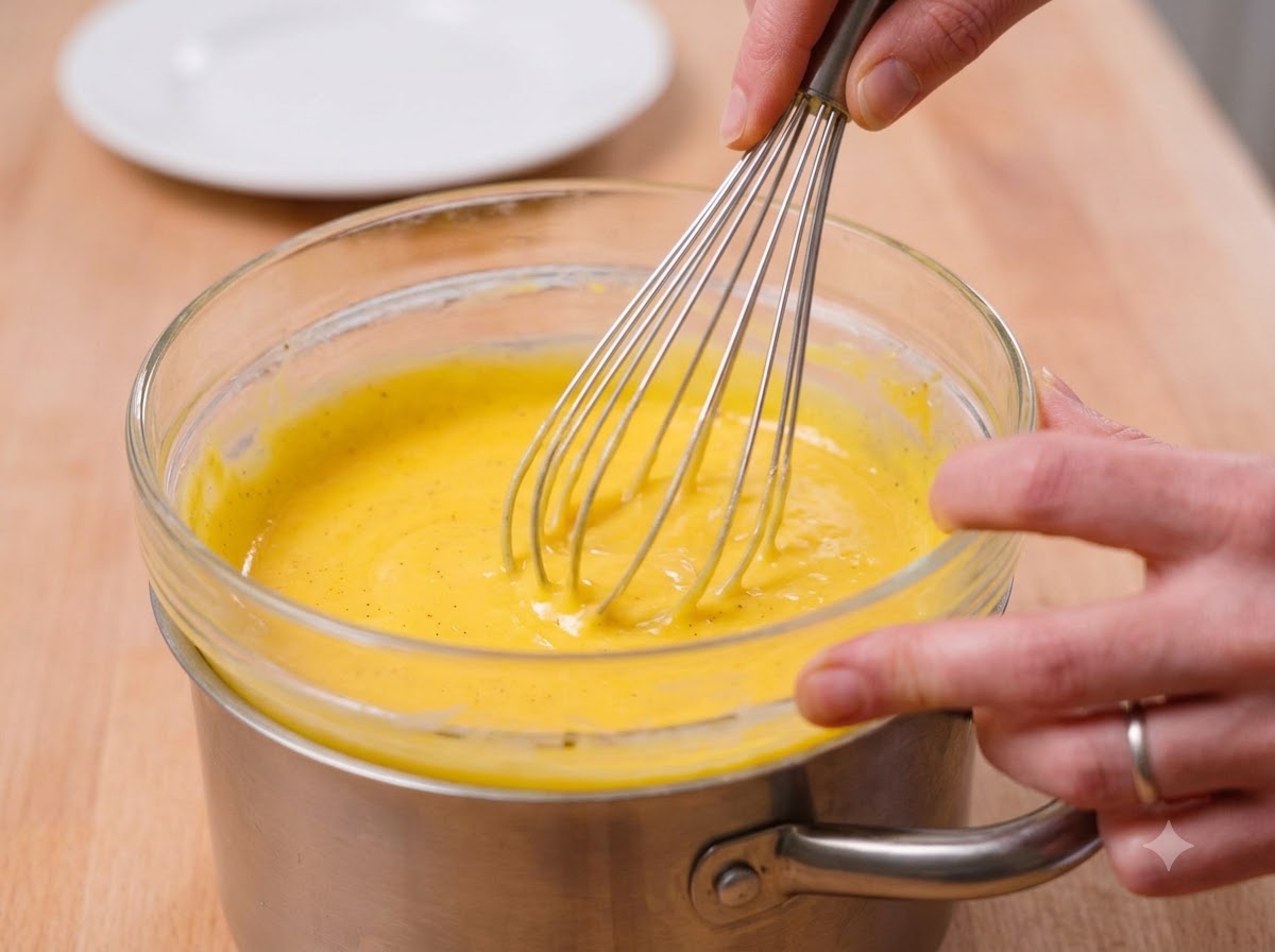 Fouet mélangeant la préparation jaune dœufs et de fromage dans un bol en verre.
