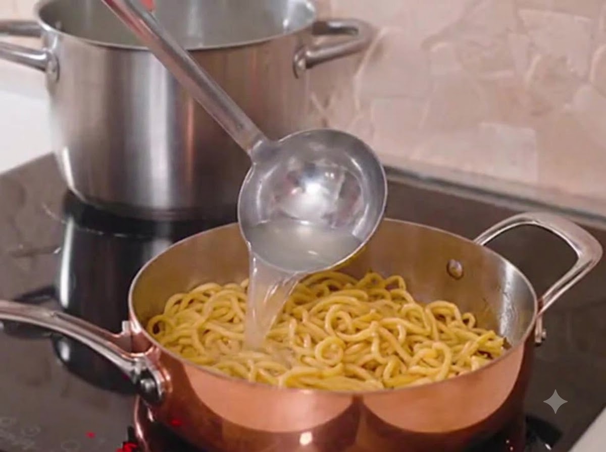 Louche en métal versant de leau de pâtes amidonnée dans une poêle en cuivre brillante avec des spaghetti cuits.