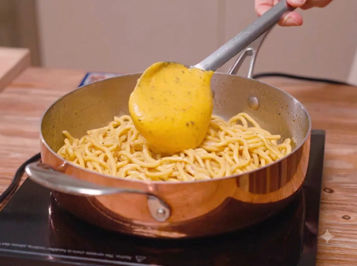 Spatule faisant basculer une sauce épaisse et jaune à base de fromage et dœufs sur une poêle en cuivre de spaghetti.